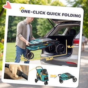 PawHut Składany wózek dla psa do 20 kg z poduszką, oknami z siatki, kieszenią tylną, 92 x 63 x 95 cm, ciemnozielony | Aosom PL