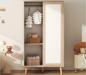 Szafa dziecięca 80x46x141.5 cm - z wieszakiem na ubrania - 2 drzwi przesuwne - nogi z litego drewna - naturalny