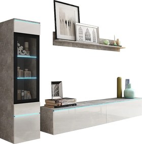 Nowoczesny zestaw mebli do salonu 3 elementy – szafka RTV 180 cm, witryna i półka, korpus beton mat, fronty biały połysk, stojąca lub wisząca