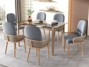 Zestaw 6 aksamitnych krzeseł z rattanowymi podłokietnikami – 4 nogi z naturalnego metalu – szary