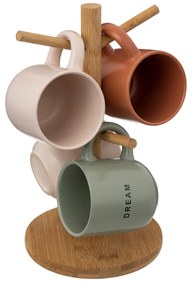 Zestaw 4 ceramicznych kubków na bambusowym stojaku, 240 ml
