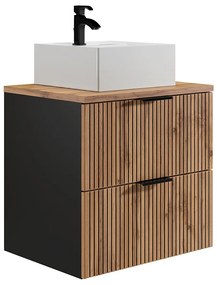 Wisząca szafka łazienkowa z prążkowanym frontem i kwadratową umywalką nablatową – jasny naturalny i czarny – 60 cm – MADELA