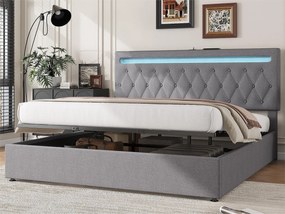 Łóżko tapicerowane 180x200cm - z LED zmieniającym kolor i gniazdami USB - Szare