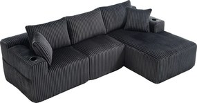 Narożnik z uchwytem na kubek - 3-osobowa sofa z pięcioma poduszkami i kieszeniami bocznymi - szary sztruks