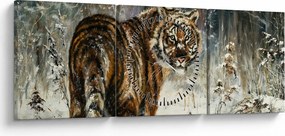 Obraz - Tygrys w zaśnieżonym lesie, obraz olejny (z zegarem) (90x30 cm)