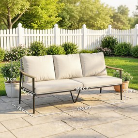 Outsunny Trzyosobowa sofa ogrodowa z rattanu z wyjmowanymi poduszkami, podłokietnikami w kolorze drewna, stalową ramą, khaki | Aosom PL