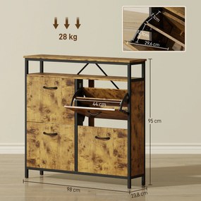 HOMCOM Szafka na buty z 4 składanymi szufladami, smukły design, otwarta półka, dla 12-20 par butów, stal, brązowy