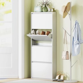 HOMCOM Wąska Biała Szafka na Buty Metalowa do 8 Par Butów z 4 Składanymi Szufladami, dla Przedpokoju, Biała