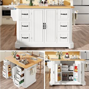 Mobilna wyspa kuchenna ze składanym stołem - 120 x 45/75 cm x 91 cm - z 2 drzwiami + 6 szufladami - MDF - biała