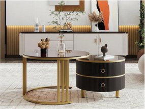 Zestaw 2 stolików kawowych z 2 szufladami - blaty ze szkła hartowanego brązowe - czarne