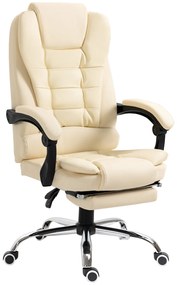 HOMCOM Fotel Biurowy Szefowski z Podnóżkiem Kremowo Biały Regulowane Oparcie i Pochylenie Komfort Pracy | Aosom PL