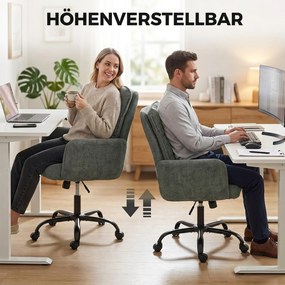 HOMCOM Krzesło do home office przy biurku, krzesło komputerowe z szerokim siedziskiem, średnie oparcie, imitacja lnu, Dunkelgrün | Aosom PL