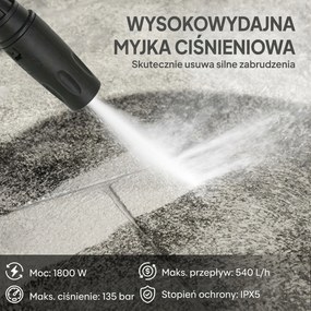 Outsunny Myjka Ciśnieniowa z Aluminiową Pompą 135 bar, 1800 W, 540 L/h, 5 m Wąż, Regulowana Dysza i Uchwyt | Aosom PL