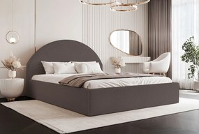 BESILIO Łóżko tapicerowane Boucle 160x200 Velora- stelaż listwowy, wezgłowie, pojemnik, łóżko slim - Brązowy