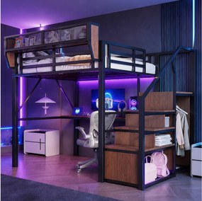 Łóżko piętrowe 140 x 200 cm z biurkiem 2 m, półkami, oświetleniem LED i gniazdkami elektrycznymi - Metal + MDF - Czarne (Materac nie jest wliczony w cenę)