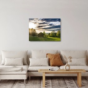 Obraz na szkle - domek na łące (70x50 cm)