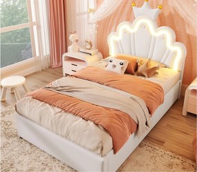 Łóżko dziecięce tapicerowane 90×200 cm - łóżko ze schowkiem - z taśmą LED - regulowane zagłówek - białe (materac nie jest zawarty)