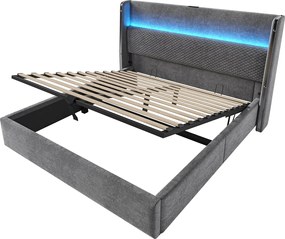 Łóżko z pojemnikiem 140x200 cm Łóżko dla dorosłych z USB i LED, tapicerowany zagłówek - szary len (bez materaca)
