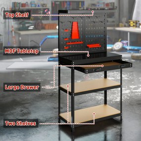 HOMCOM Stół warsztatowy 80 x 40,5 x 155 cm z panelem perforowanym, hakami, szufladą, 2 półkami do warsztatu, czarny