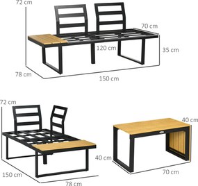 Outsunny Zestaw mebli ogrodowych dla 3 osób, meble balkonowe z poduszkami siedziskowymi, rama z aluminium, imitacja drewna, Jasnoszary+Naturalny