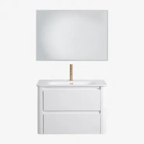 Zestaw Wiszących Mebli Łazienkowych 80x50 Cm Z Drewna Zintegrowany Z Umywalką Egerton Biała & Prostokątna Lampa Led - Sklum
