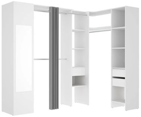 Narożna garderoba z zasłonką 1-drzwiowa – lustro – dł. 231 cm – biała i szara – BERTRAND