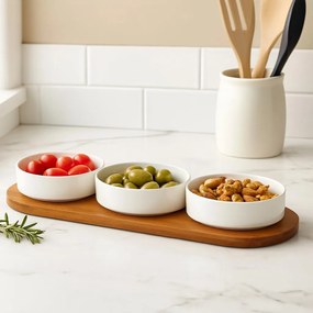 Zestaw porcelanowych miseczek do serwowania przekąsek APERIO, 3 x 390 ml, bambusowa taca