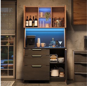 Elegancka, wysoka komoda kuchenna - 100 x 40 x 180 cm - z diodami LED + gniazdko elektryczne + drzwi + szuflady + półki - MDF - czarny + naturalny