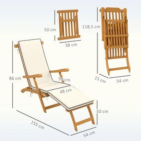 Outsunny Składany leżak ogrodowy z drewna z podnóżkiem, materacem, do 160 kg, Teak