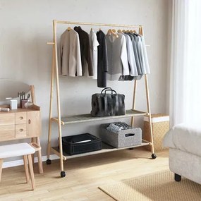 Bambusowy wieszak na kółkach z 2 półkami 132cm - Agno 4X