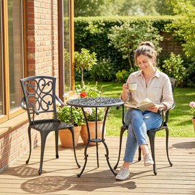 Outsunny 3-częściowy zestaw bistro ogrodowy okrągły stół z 2 krzesłami otwór na parasol, antyczny z odlewu aluminium | Aosom PL