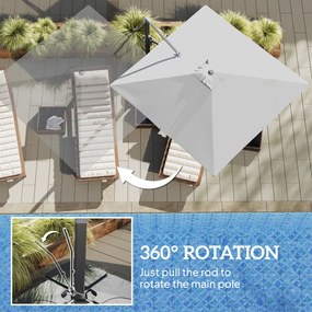 Outsunny Aluminiowy Parasol Ogrodowy 3 x 3 m Obrotowy o 360° z Korbą Stojak Wodoodporny Jasnoszary