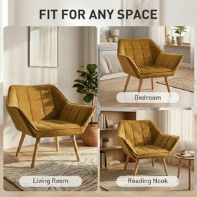 HOMCOM Fotel tapicerowany, Fotel akcentowy, Design skandynawski, Wygląd aksamitny, Do 120 kg, Nogi z drewna kauczukowego, Żółty