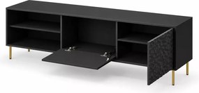 Nowoczesna szafka Pulset RTV-1 – komoda pod telewizor z frontami MDF, czarny mat, złote metalowe nogi – styl glamour