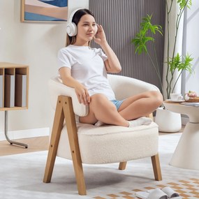 HOMCOM Nowoczesny fotel tapicerowany, obicie z polaru, fotel akcentowy z podłokietnikami, drewniane nogi, metalowa rama, Biały