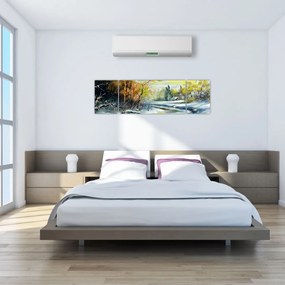 Obraz zimowej rzeki, obraz olejny (170x50 cm)