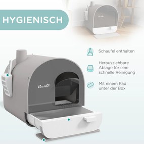 PawHut Kuweta z pokrywą, łopatką, matą na żwirek, plastik, szara/czarna | Aosom PL