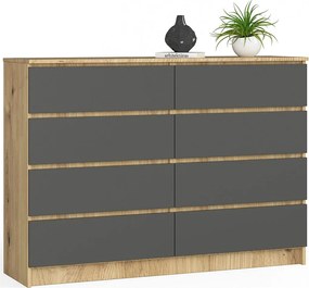 Komoda AKORD K140 Dąb Artisan 138 cm 8 szuflad kolor Grafit Szary mat 138x40x99 cm