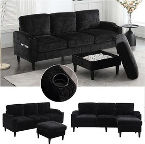 Czarna, 4-osobowa sofa modułowa Chenille z pufem ze schowkiem, uchwytami na kubki i kieszeniami bocznymi – do salonu