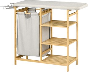 HOMCOM Segregator na pranie, multifunkcyjny, z deską do prasowania i workiem 57L, stelaż z bambusa, 113x34x82cm, naturalny/szary