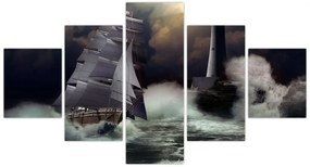 Obraz - Statek płynący przez wzburzone fale (125x70 cm)