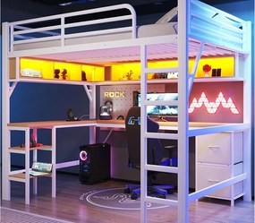 Łóżko na antresoli z metalu 140x200 cm - z biurkiem i szafą - z szufladami - z portem USB i LED - Biały​ (bez materaca)