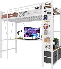 Łóżko piętrowe dla dzieci - 90 x 200 cm - konstrukcja żelazna - z biurkiem + 4 szuflady + diody LED - metalowe - białe