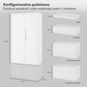 Szafa modułowa metalowa z półkami na cokole biała, 1600x900x400 mm: MEGAN