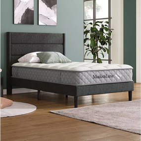 Łóżko młodzieżowe tapicerowane - 90 x 200 cm - ze stelażem + zagłówek - len - kolor szary (z materacem)