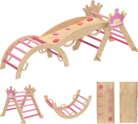AIYAPLAY 8-in-1 konstrukcja wspinaczkowa do wnętrz dla dzieci, motyw księżniczki, zjeżdżalnia, rampa, łuk, drewno