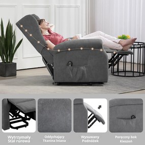 HOMCOM Fotel relaksacyjny z funkcją leżenia i pomocą przy wstawaniu do 200kg ciemnoszary 72,5x94x109cm | Aosom PL