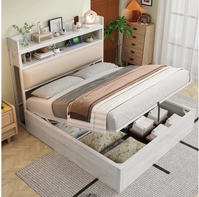 Łóżko 140 x 200 cm z pojemnikiem - Łóżko podwójne z zagłówkiem z funkcją ładowania USB i schowkiem - Białe drewno