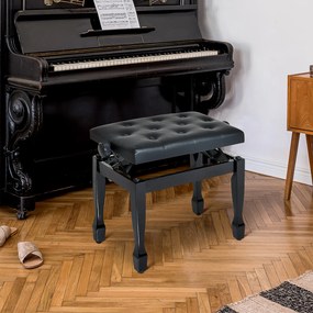 HOMCOM Stołek do Fortepianu Czarny Regulowana Wysokość Lite Drewno Sztuczna Skóra 64x35x45-55cm | Aosom PL