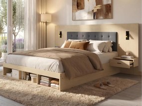 Łóżko małżeńskie 160x200cm - z 2 stolikami nocnymi - portami USB i Type-C - z lampką do czytania - Jasny dąb (materac nie jest wliczony w cenę)